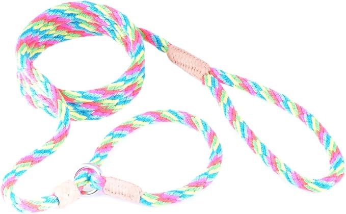 Alvalley Nylon Dog Training Leash with Stopper - Adjustable Nylon Rope Comes with Braided Leather at Ends - Tagua Bead Stopper Slip Lead - Suitable for Walking, and Training