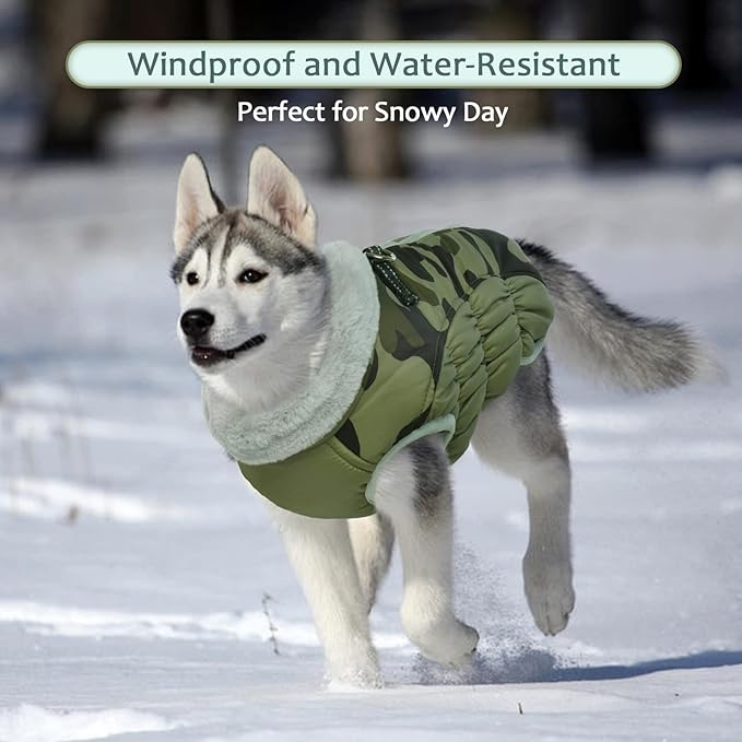 Lelepet Dog Coat Warm Dog Winter Coat Waterproof Dogs Jacket with Harness Built in Reflective Pet Fleece Vest Zip-Up Cold Weather Coats for Dogs Turtleneck & Windproof Coats Chihuahua Green Camo XS