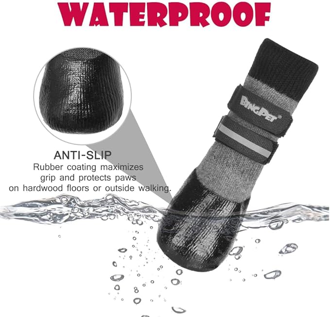 BINGPET Anti-Slip Dog Socks, Waterproof Paw Protectors with Reflective Straps, Dog Boots for Hot Pavement for All Season, Dog Shoes with Traction Control for Indoor & Outdoor Wear, 4pcs