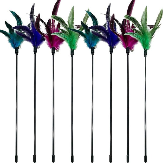 Cat Wand Toy Feather Stick Cat Toys, 8 Pieces Interactive Cat Toy Feathers Wand for Indoor Cats