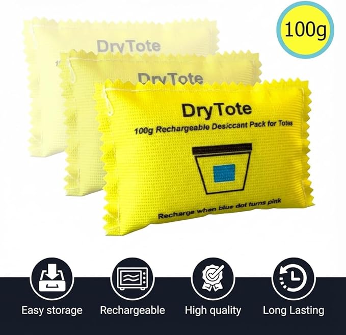 DryTote Rechargeable Desiccant Pack (10 Pack), Ultimate Moisture Absorption, Color Change Indicator, Safe Storage Protection, Large Capacity 200 Gallons, 100g, Yellow