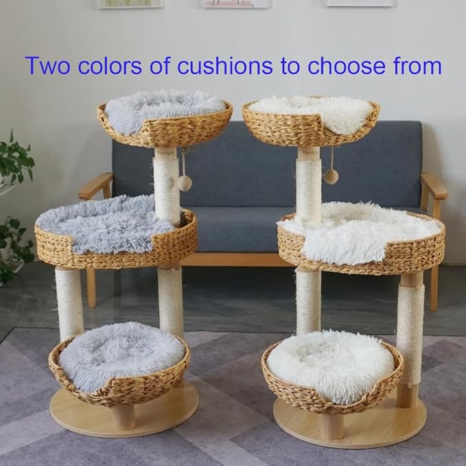 Cat Tree 39 Inches Cat Tower with Sisal Covered Scratching Real Wood Post, Handwoven PE Rattan 3 Baskets perches with Cozy Cushion, Cat Climbing, Cat Scratching Post (Light Gray Cushion)