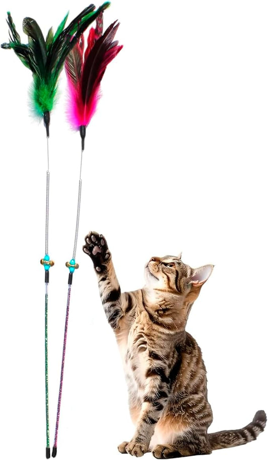 Paws Power Cat Wand Toy Feather Sticks - Interactive Wands Toy Set with Feathers, Durable Spring Design - Perfect for Engaging Playtime Fun for Kittens and Cats - Cat Toys for Indoor Cats (2 Pcs)