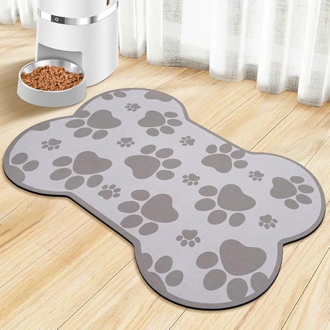 Dog Food Mats for Floors Waterproof, Pet Feeding Absorbent Water Bowl Mat Cat Placemats Gray Bone Shape 23.6 * 15.7 inch
