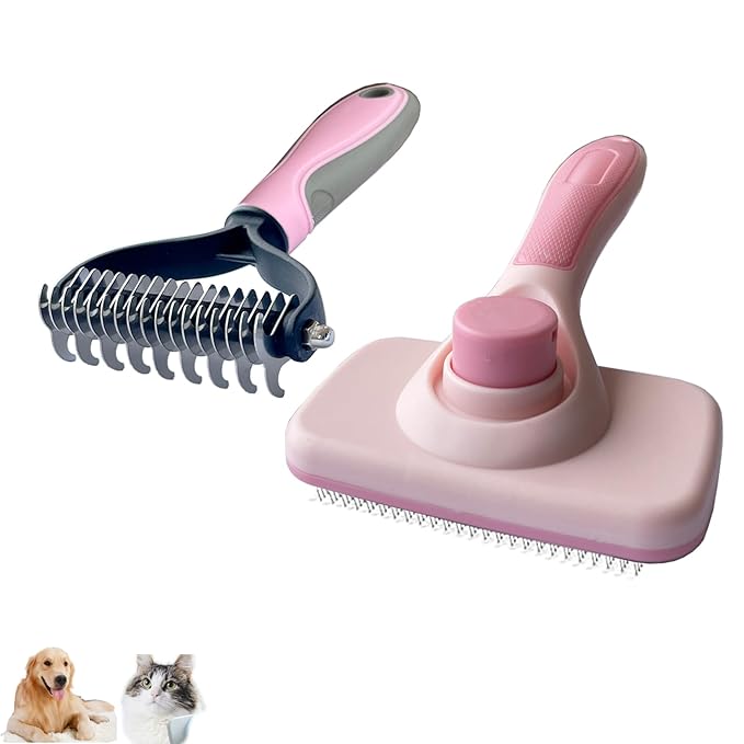2PCS pet hair removal comb & Dog Brushes & cat brushes & Pet Grooming Rake & Bath Brush for Dogs,Cats and Horses | Skin Friendly Deshedding Grooming Tool & Double-Sided Dematting Tool (pink)