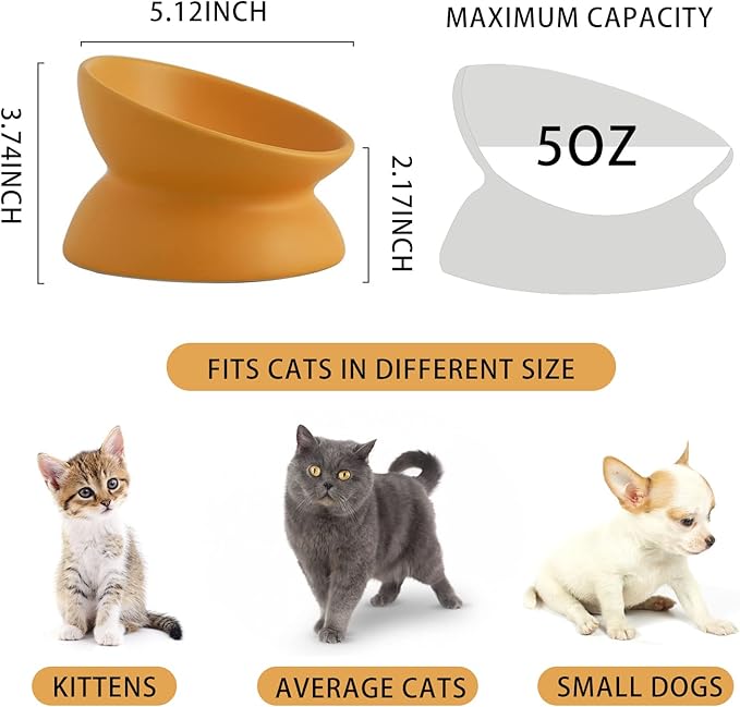 Ceramic Raised Cat Bowl, Cat Food Bowls Elevated Tilted, Ceramic Pet Bowl Whisker Friendly, Anti Vomit & Reduce Neck Burden for Food and Water (Yellow)
