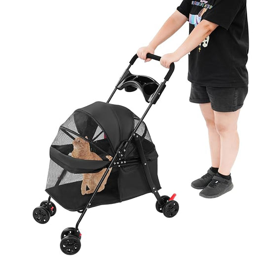 Foldable Pet Stroller Cart for Small Medium Dogs Cats, 40lbs Capacity Pet Travel Cart with 360° Swivel Front Wheels, Breathable Mesh Travel Pet Carrier with Cup Holder(Black)