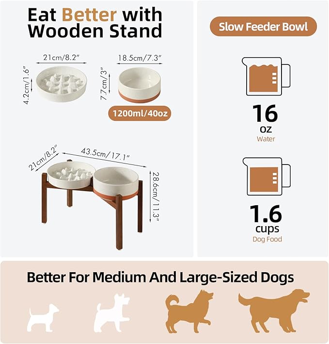 Ceramic 1.6 Cup Raised Slow Feeder Dog Bowl Set, Elevated 7.3inch Bowl and 8.2inch Slow Feeder Dish with Acacia Wood Stand for Medium and Large Dogs (2 x Vanilla White+ Stand)