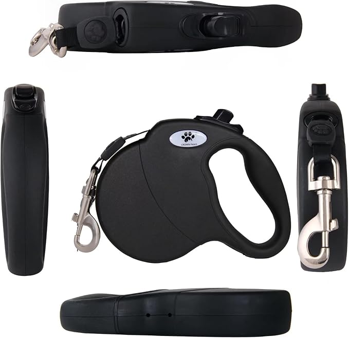 CROWN PAWS 16 ft Retractable Dog Leash for Large Dogs up to 44 lbs,Tangle-Free Nylon Tape,Black Dan M