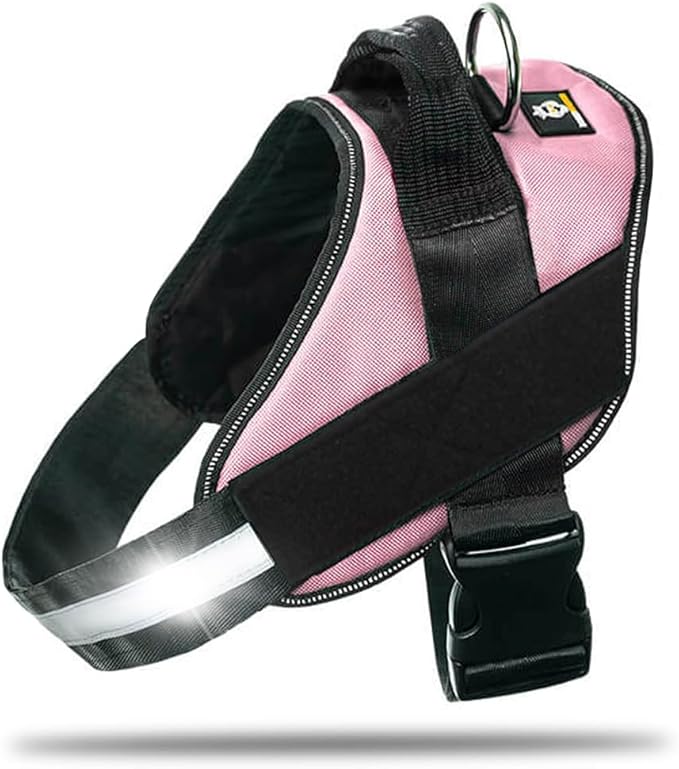 Non Pull Dog Harness with Patch Panels and Handle, Adjustable, Reflective, No Choke, Heavy Duty Easy On Service Dog Vest Harnesses for Medium Large Small Sized Dogs - Pink, XL