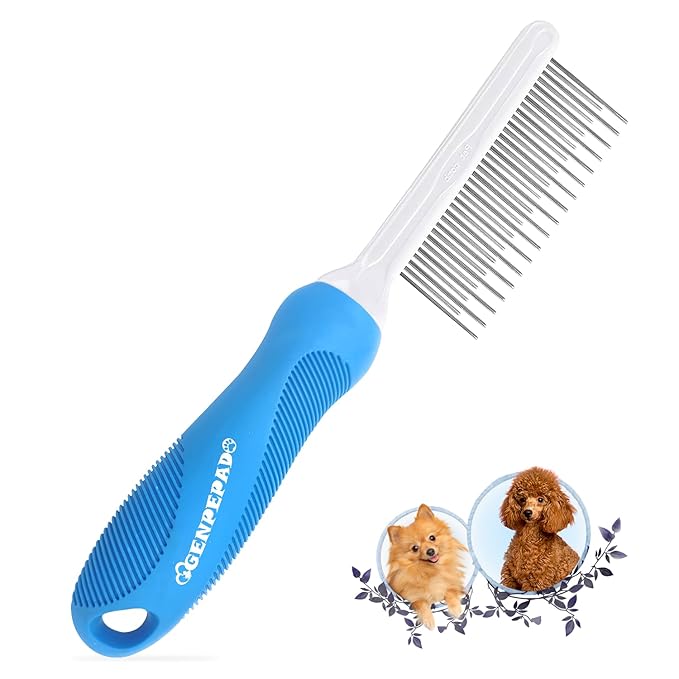 Grooming Comb for Dogs and Cats with Long & Short Stainless Steel Metal Fine Teeth for Detangling Matted Hair - Pet Detangler Comb for Removing Tangles, Knots, Loose Fur from The Undercoat