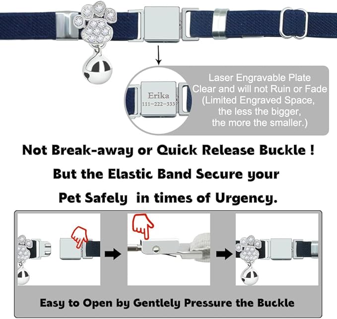 Personalized Safety Elastic Cat Collars with Bell,Laser Customized Stretch Kitten Collars for Girls Boys Cats-Navy Blue