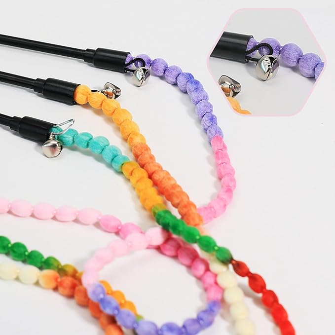 MeowAroma Interactive Cat Toys, 3 Pcs Cat Wand Toys for Indoor Kitten with Colorful Bead Shape Hemp Rope and Small Bell, Kitty Teaser String Toy for Indoor Cats to Chase and Exercise