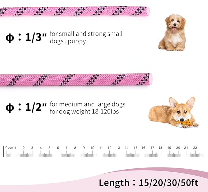 Long Dog Leash for Training 50Ft-Reflective Nylon Rope with Swivel Hook-Recall Agility Lead for Large Small Medium Dogs Outside Walking Hiking-Pink Diam 1/2"