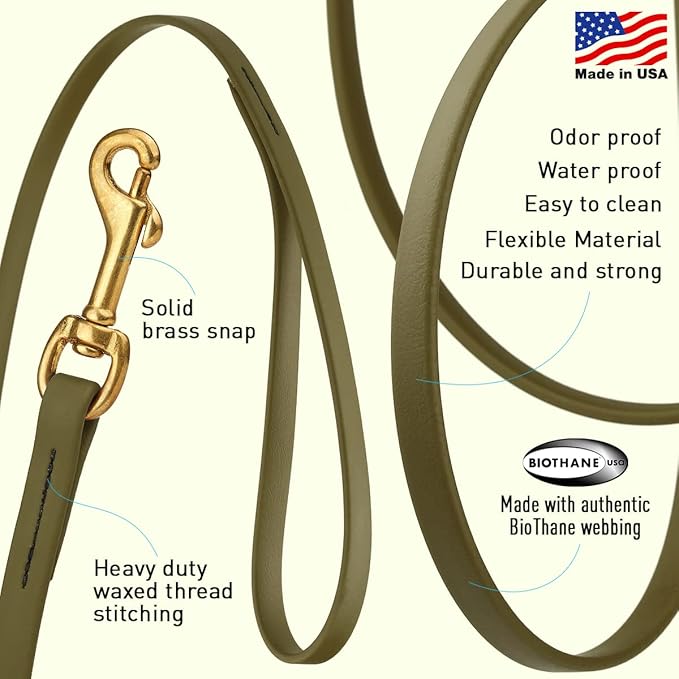 Viper K9 Biothane Working Dog Leash Waterproof Lead for Tracking Training Schutzhund Dog Sport & Search - Odor-Proof Long Line with Solid Brass Snap for Puppy Medium Large 1/2" x 20ft Olive Drab Green