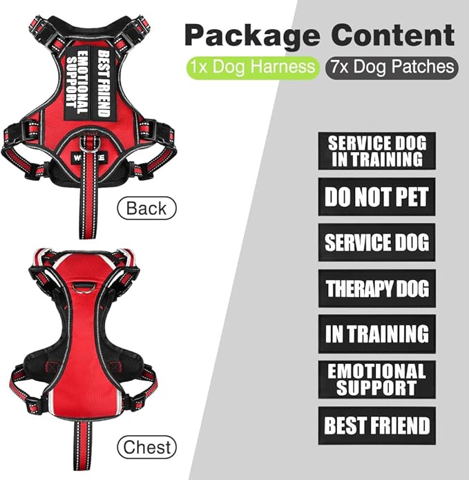 WINSEE Service Dog Vest No Pull Dog Harness with 7 Dog Patches, Reflective Pet Harness with Durable Soft Padded Handle for Training Small, Medium, Large, and Extra-Large Dogs (Medium, Red)