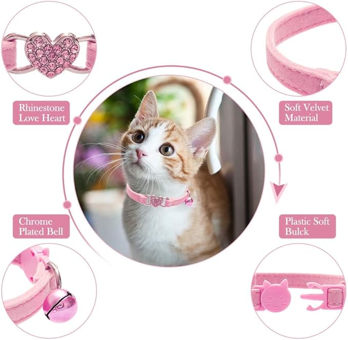 BINGPET Cat Collar Breakaway with Bell, Pack of 2 Heart Bling Collar Safety with Soft Velvet Adjustable for Kittens
