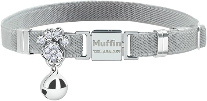 Personalized Safety Elastic Cat Collars with Bell,Laser Customized Stretch Kitten Collars for Girls Boys Cats-Grey
