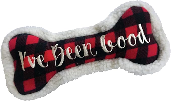 Huxley & Kent Funny Dog Toy w/Squeaker – Holiday Power Plush Squeaky Dog Toys for Small, Medium & Large Dogs – Soft Stuffed Animal for Indoor Play & Fetch - I've Been Good Bone, Small