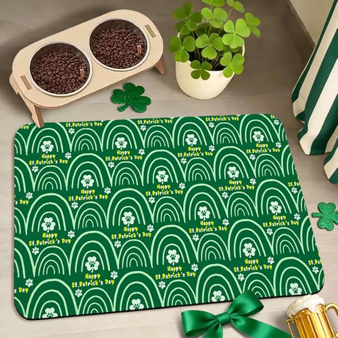 St Patrick's Day Dog Food Mats for Floors Waterproof, Cat Water Bowl Mats Pet Feeding Absorbent Placemats 12 * 20 inch