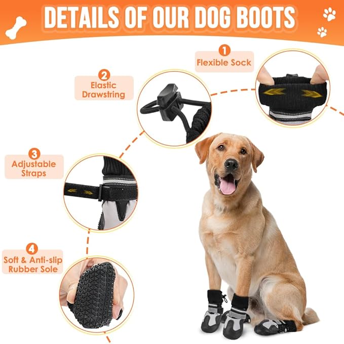 Lukovee Dog Shoes - Waterproof Warm Fleece Lined Dog Booties for Small Medium Large Dogs, Non-Slip Adjustable Dog Boot for Winter Cold Weather (HX,Size 8)