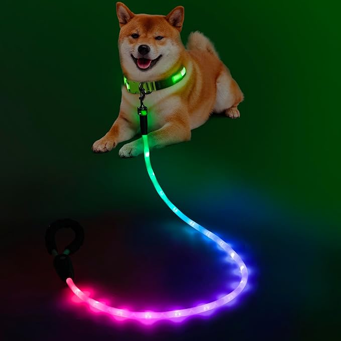YFbrite 5FT Light up Dog Leash with 15 Flashing Modes - Super Bright LED Dog Leash for Small Medium Large Dogs - Type-c Rechargeable Dogs Leashes Light (Multi-Color, 5FT (150cm))