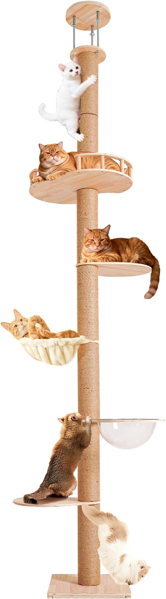 Floor to Ceiling Cat Tree, Adjustable Height (50-120in), 5 Level Tall Cat Tree Tower, Cats Activity Center with Scratching Post, Jump Platform, Hammock & Capsule, Space-Saving Design for Indoor Cats