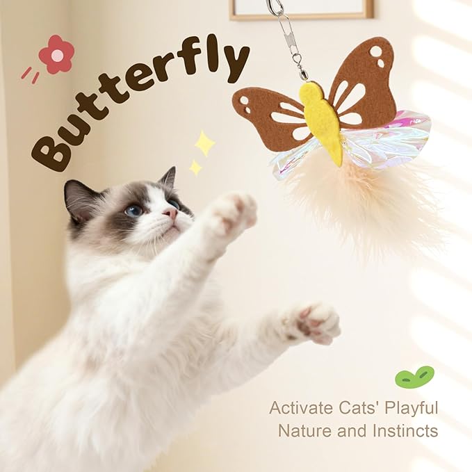 SONGWAY Interactive Cat Wand Toys - Retractable Teaser Wand and 6 Pieces Flying Bird & Crinkle Butterfly Dragonfly Cat Toy Feather Refills with Silvervine, Cat Feather Toys for Indoor Cats Kittens