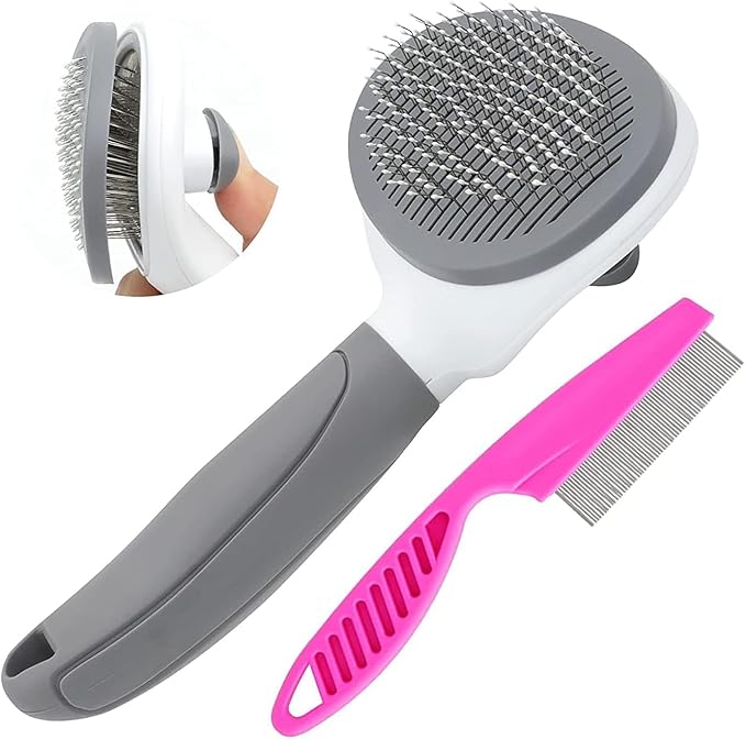 Cat Brushes for Indoor Cats, Dog Brush for Shedding with Metal Cat Comb, Self Cleaning Pet Hair Brush with Release Button for Grooming Kitten(Dark Grey)
