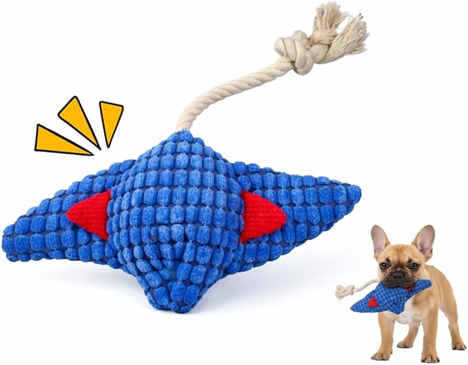 Durable Blue Fish Plush Dog Chew Toys with Squeaker – Tough Stuffed Ocean Animal with Natural and Safe Cotton Fill for Aggressive Chewers, Teething Puppies, and Small, Medium, and Large Breeds