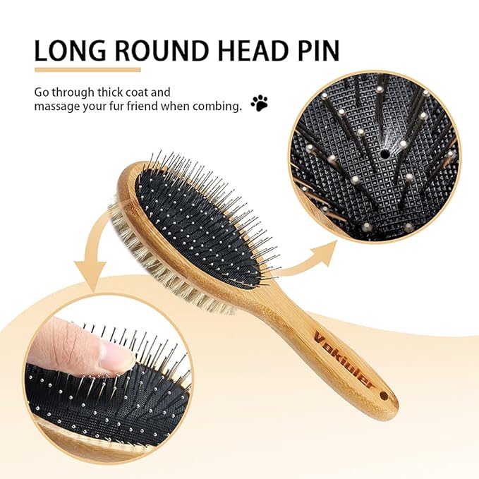 Pet Hair Brush, Double Sided Bristle and Pin Brush for Dog Grooming, Real Boar Bristle Shedding Brush with Bamboo Handle, 1 Pack, White, Oval, Detangle, All Hair Types, Hair Brush