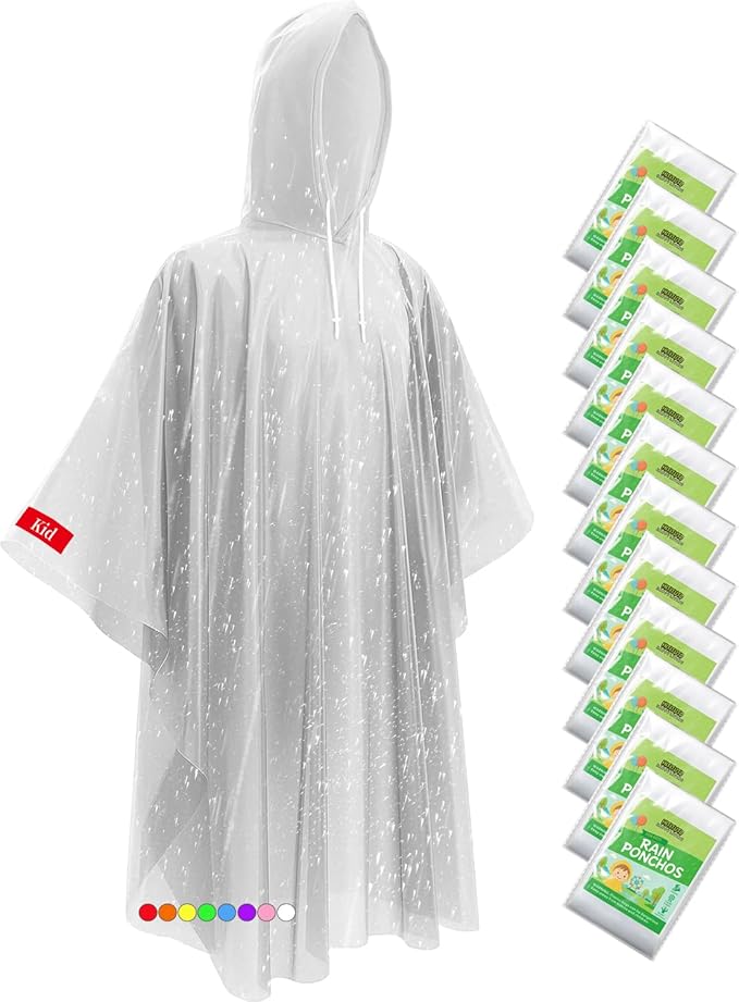 Hitituto Rain Ponchos Family Pack Kids– 6/12/24 Pack Disposable Poncho with Hood, Clear & Assorted Colors, Home Survival Kits