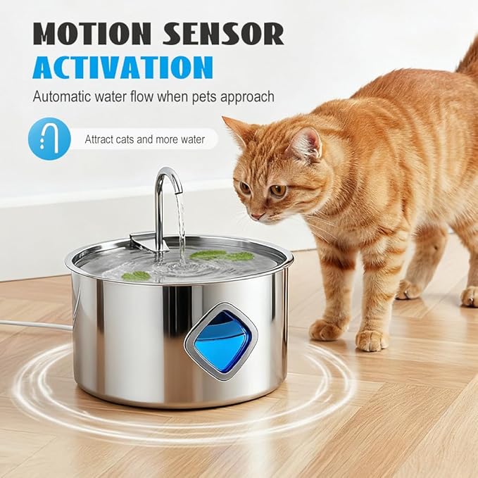 Cat Water Fountain Stainless Steel:Water Fountains for Cats Indoor, 3.2L Large Capacity Cat Water Bowl Filtered, Automatic Circulating Water Dispenser for Pets,Cats,Dogs (Silver)