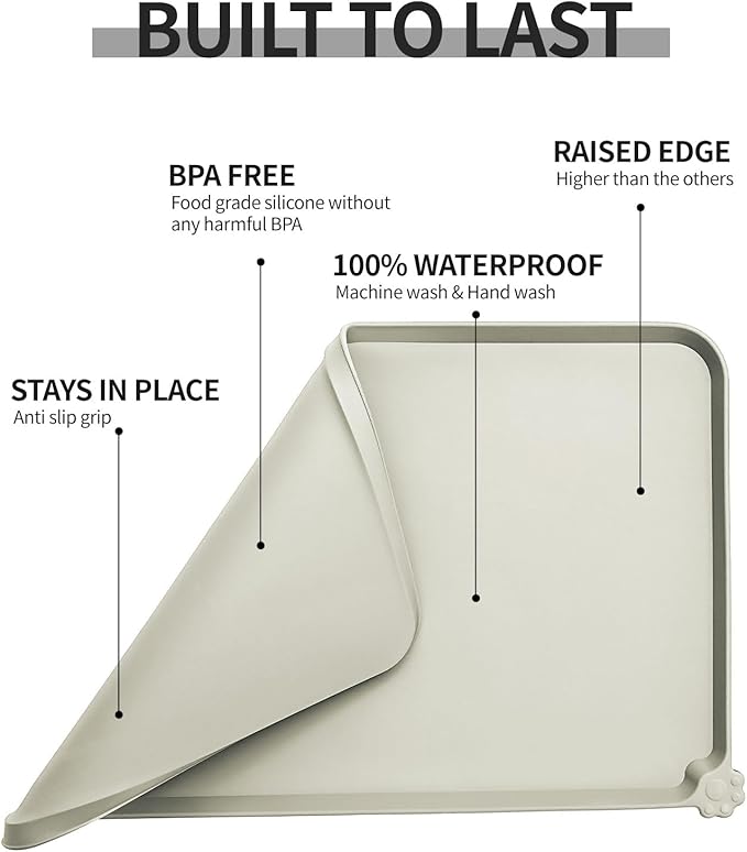 Reopet Waterproof Pet Feeding Mat with High Raised Edges, Heavier and Thicker Placemats for Cat Dog Water Bowl with BPA Free, Dogs Cats Food Mats for Messy Drinkers to Prevent Spill and Protect Floors