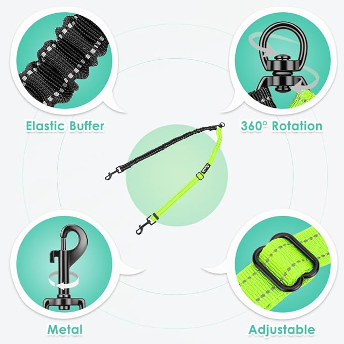 Two Dog Lead, 2 in 1 Upgraded Double Dog Leash Attachment Combine Adjustable Strap and Shock Absorbing Bungee No Tangle Dual Training Splitter for Different Size Dogs