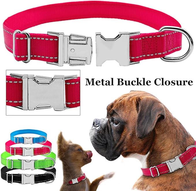 Reflective Dog Collar with Metal Buckle, Heavy Duty Nylon Dog Collars with Metal Quick Release Buckle and D Ring Adjustable for Small Medium Large Dogs or Cats Night Walking (Teal, Large)