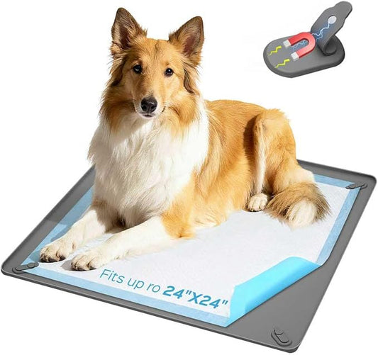 24" x 24" Dog Pee Pad Holder, Silicone Puppy Potty Pad Tray with 4 Built-in Magnetic Clamps Non-Slip Dog Training Pads (Grey)