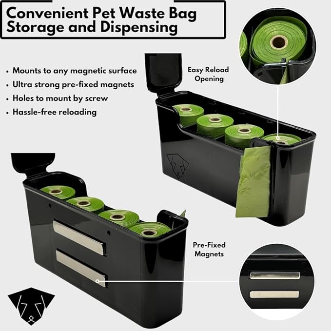 Dog Poop Bag Dispenser - Magnetic Mount - Indoor/Outdoor - Wall Mount - Waste Bag Dispenser - Magnet - Screw-on - Storage - Container + 60 Waste Bags (Black)