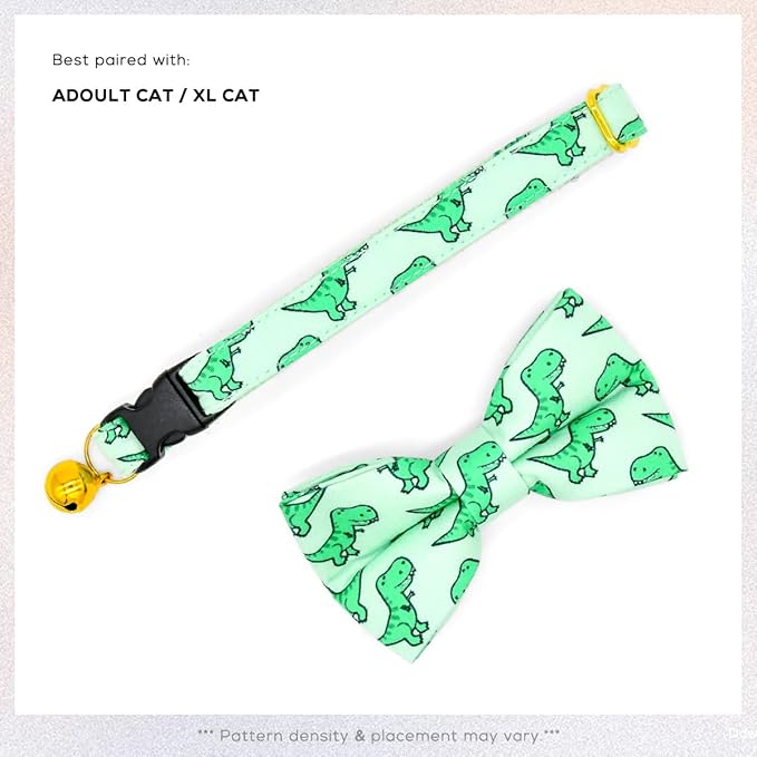 Cat Bow Collar, Green Dinosaur Pattern, Quick Release Safety Buckle, (6" - 10")
