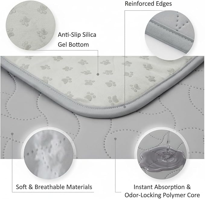 Gentle Purr Washable Dog Pee Pads 24 x 36, 2-Pack Reusable Puppy Pads, 4-Layer Ultra Absorbent Potty Training Pads for Dogs, Non-Slip Leakproof Dog Mats for Indoor Use