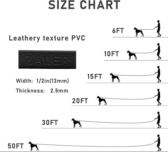 ZALER Long Dog Leash Waterproof Training Leashes 50ft 30ft 20ft 15ft 10ft 6ft, Odor Proof Recall Long Line Lead with Aviation Aluminum Carabiner Clip for Small, Medium, Large Dogs (20FT, Black)