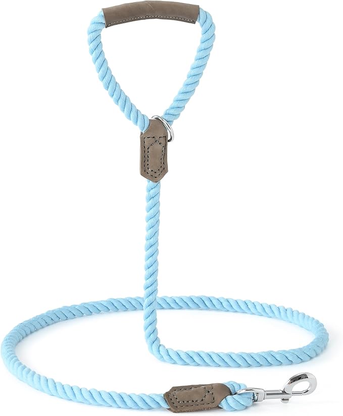 Mile High Life Dog Leash, Braided Cotton Rope Leashes with Leather Handle - Heavy Duty Metal Clasp, 6FT, 1/2" Thick - Wedding, Walking & Training Leash for Small Medium Large Dogs (Sky Blue)