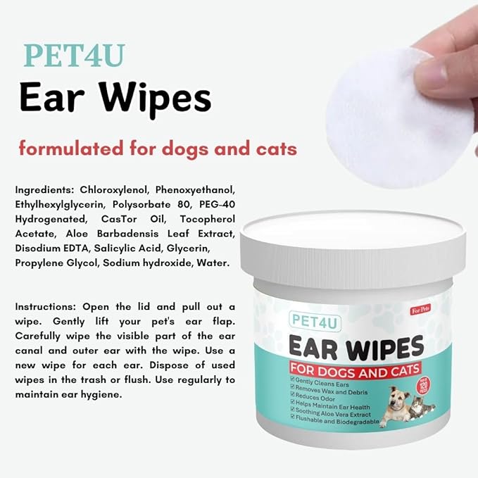 Gentle Ear Wipes for Dogs and Cats - 120 Wipes - Soothes Irritation, Removes Wax & Dirt - Safe for Sensitive Ears, with Aloe Vera & Castor Oil - Biodegradable & Flushable