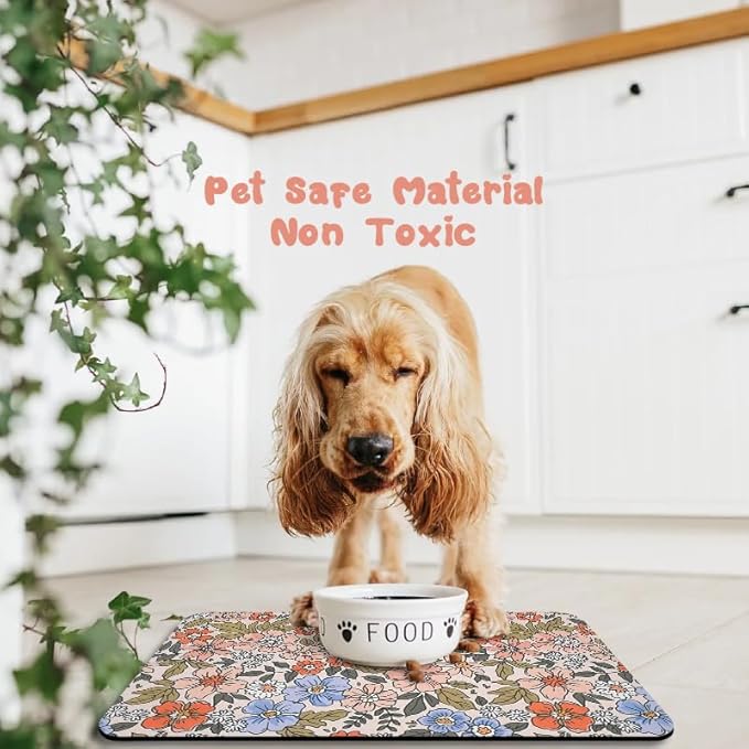 Dog Food Mats for Floors Waterproof, Cat Water Bowl Mats Pet Feeding Absorbent Placemats Flower 24 * 32 inch