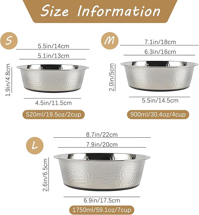 kathson Stainless Steel Cat Bowls 3 PCS Hammered Metal Dog Bowls with Rubber Non-Slip Base Pet Dishes for Water and Food Dishwasher Safe for Feeding Small to Medium Sized Pets(7.1in)