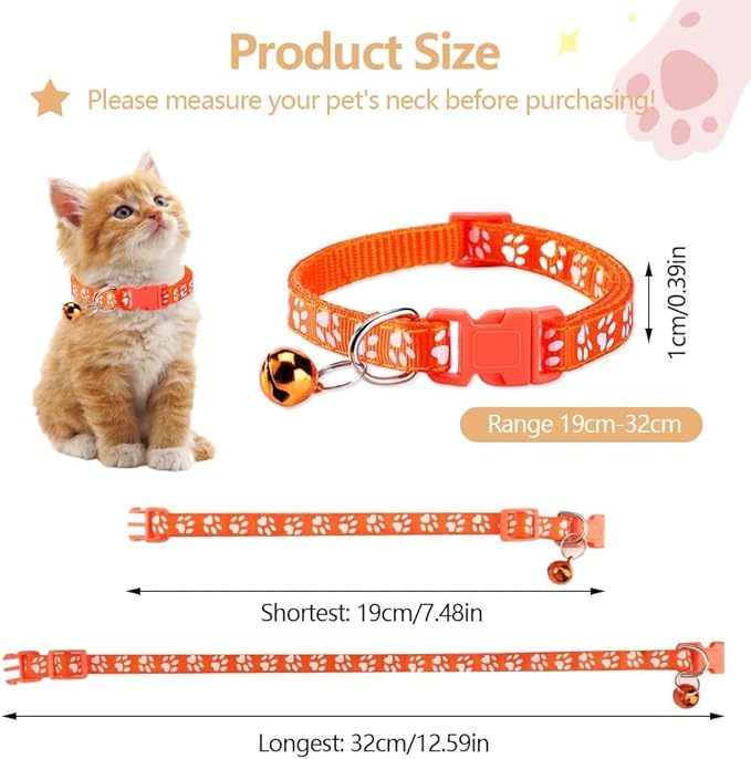 Paw Print Breakaway Cat Collars with Bells - 12 PCS Safety Adjustable Kitten Collars for Small Cats & Newborn Litter Pets, Super Soft Nylon Collar Set with Pendants & Safety Clasp (12 Colors)