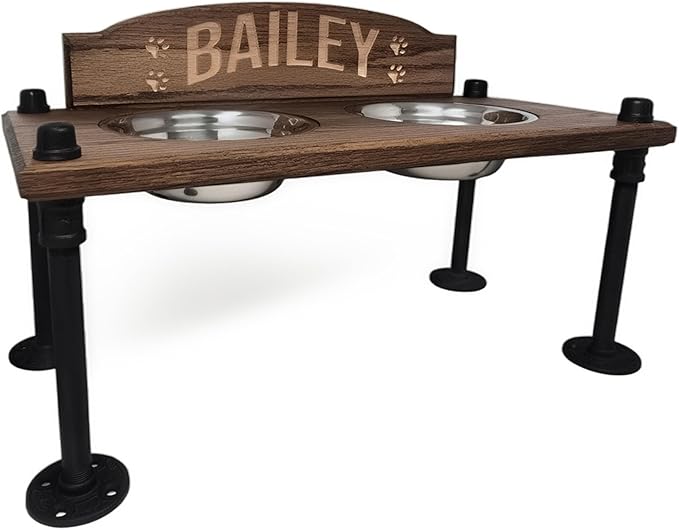 Elevated Dog Bowl Stand with Stainless Steel Bowls | Raised Dog Feeder | Oak Wood with Industrial Pipe Legs | Waterproof Finish | Handmade in USA (Custom Backsplash)