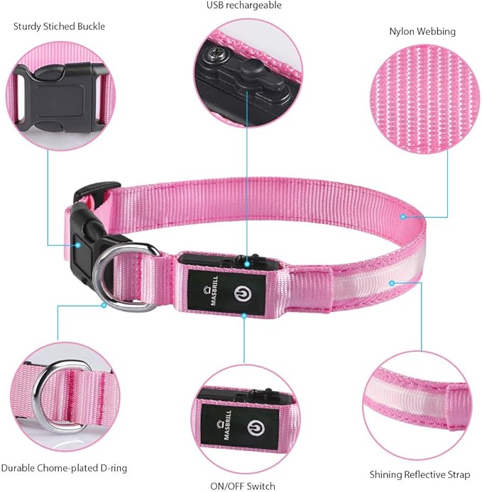 MASBRILL Light Up Collar - Rechargeable LED Dog Collar for Night Walking, Flashing Light, Fits Small to Large Dogs