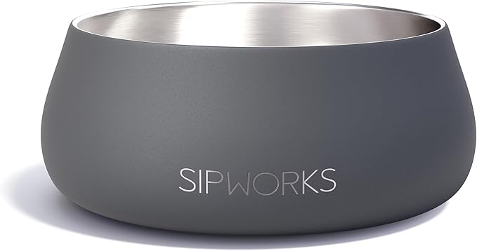 Sipworks Stainless Steel Dog Bowl – 32oz Weighted Metal Food and Water Bowls for Dogs and Cats with Non-Slip Base - Pet Bowls for All Breeds Sizes for Travel & Outdoor Play | Iron Smoke