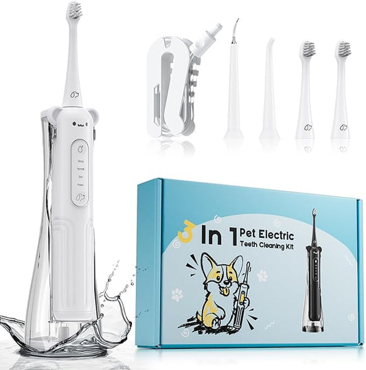 Dog Tooth Brushing Kit, 3-in-1 Dog Electric Toothbrush with Water Flosser, Dog Teeth Cleaning Tools with 3 Modes, Deep Cleaning Kit for Dogs and Cats, IPX7, 1100mAh Battery, White